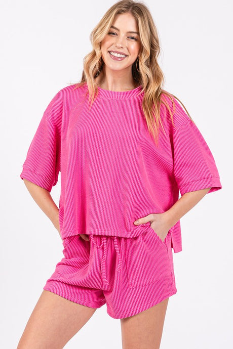 Hot Pink Ribbed Round Neck Top And Shorts Set