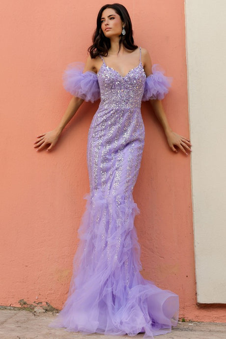 Periwinkle Detached Ruffle Sleeve Glitter/Sequin Sheath Dress