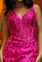 Fuchsia Sleeveless Deep V Neck Bustier Corset Glitter Prin