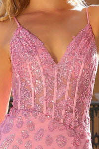 Baby Pink Sleeveless Deep V Neck Bustier Corset Glitter Prin