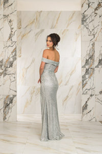 Silver Off The Shoulder Glitter Maxi Dress