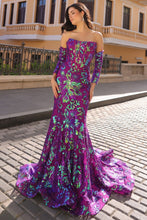 Purple Straight Across Top Sequin Embellished Trumpet Dress