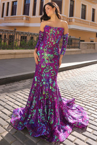 Purple Straight Across Top Sequin Embellished Trumpet Dress