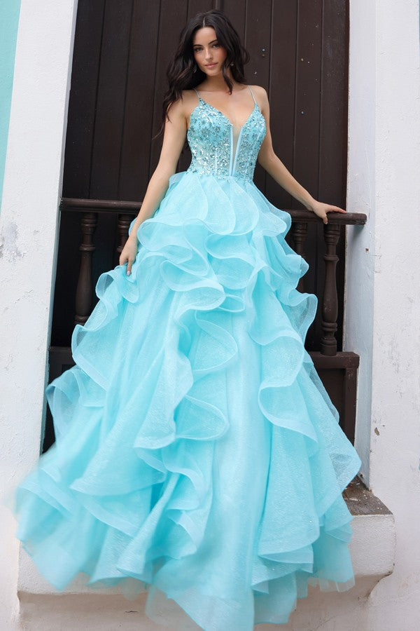 Aqua Blue Deep V Neck Bustier Corset A Line Ruffle Dress