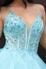 Aqua Blue Deep V Neck Bustier Corset A Line Ruffle Dress