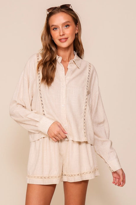 Natural Lightweight Button-Down Shirt With Lace Trim