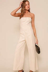 Ecru Strapless Wide Leg Jumpsuit