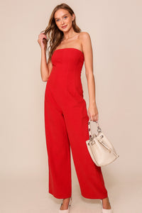 Red Strapless Wide Leg Jumpsuit