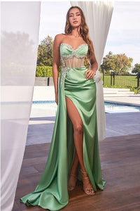 Sage Satin Fitted Gown With Embelishment