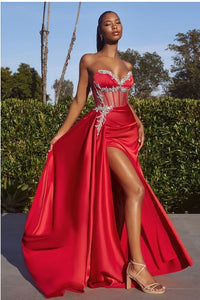Red Satin Fitted Gown With Embelishment