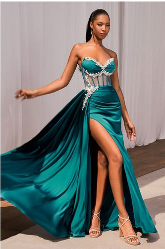 Peacock Satin Fitted Gown With Embelishment