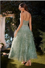 Sage Strapless Feather Tea Length Sage Dress