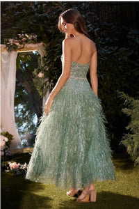 Sage Strapless Feather Tea Length Sage Dress