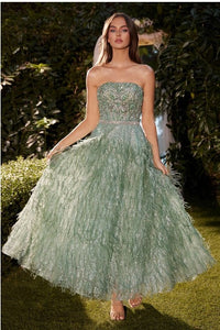 Sage Strapless Feather Tea Length Sage Dress