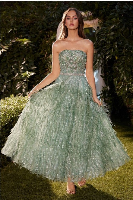 Sage Strapless Feather Tea Length Sage Dress