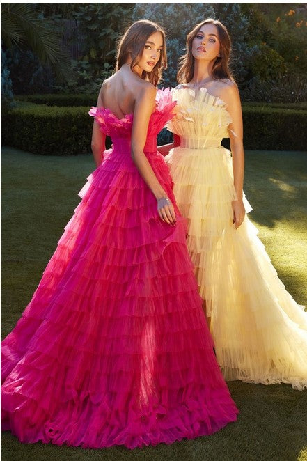 Fuchsia High Low Ruffled Tulle Gown With Feather Details