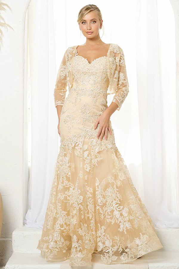 Champagne Lace Fit And Flare Gown With Bolero