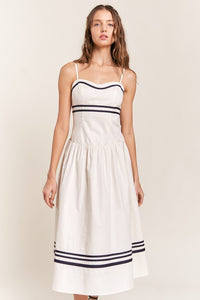 Ivory Black Contrast Detail Pleated Midi Dress