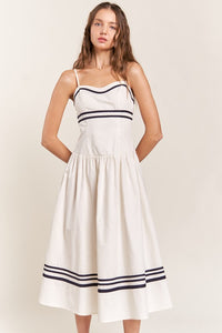 Ivory Black Contrast Detail Pleated Midi Dress