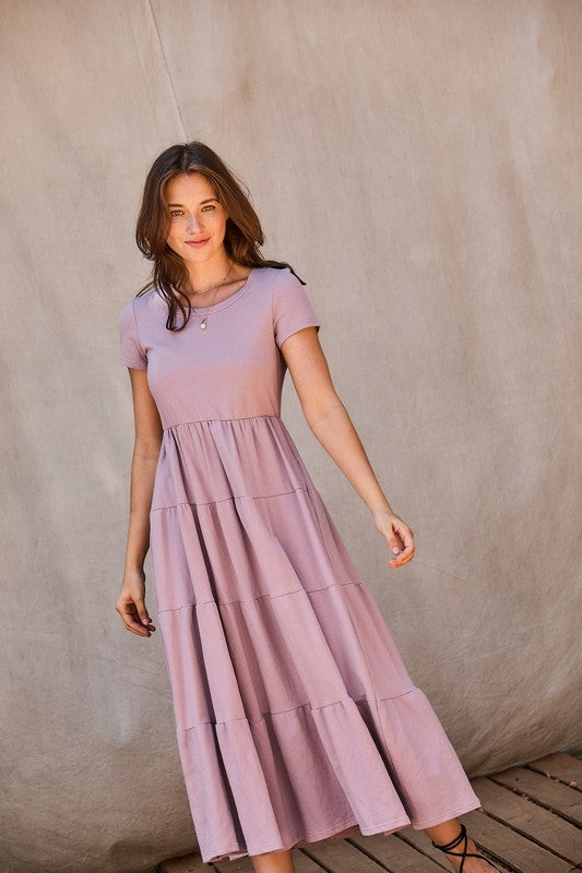 Pink Elephant Short Sleeves Tiered Jersey Midi Dress