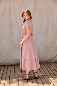 Pink Elephant Short Sleeves Tiered Jersey Midi Dress