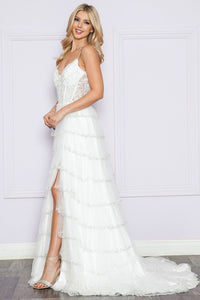 Off White Lace Sequin Tier A Line Dress