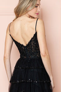 Black Lace Sequin Tier A Line Dress