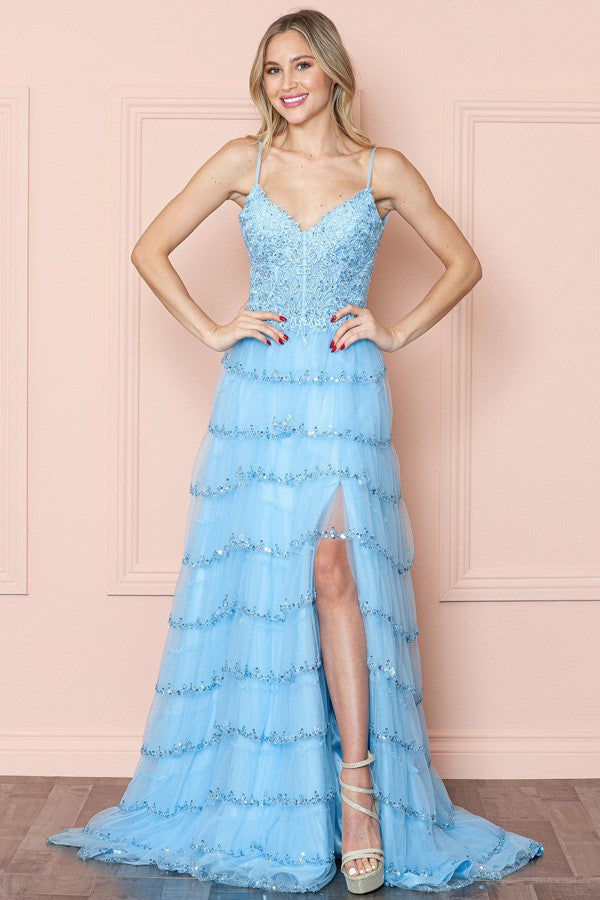 Blue Lace Sequin Tier A Line Dress