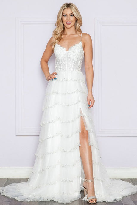 Off White Lace Sequin Tier A Line Dress