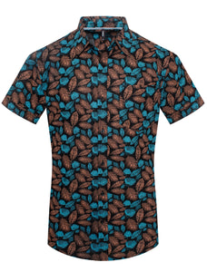 Black/Teal/Brown Tropical Leaf Print Short-Sleeve Shirt
