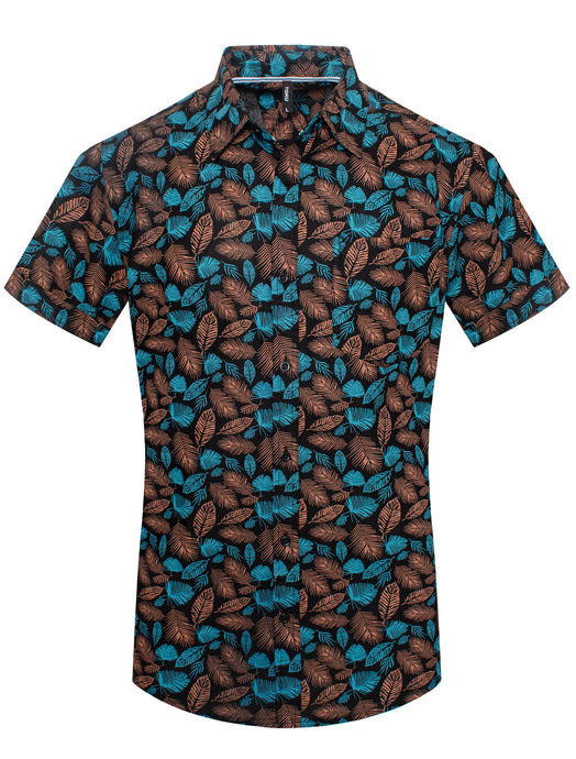 Black/Teal/Brown Tropical Leaf Print Short-Sleeve Shirt