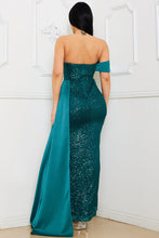 Hunter Green Sequin And Satin Off The Shoulder Maxi Dress