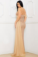 Gold Sequin And Satin Off The Shoulder Maxi Dress