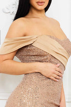Gold Sequin And Satin Off The Shoulder Maxi Dress