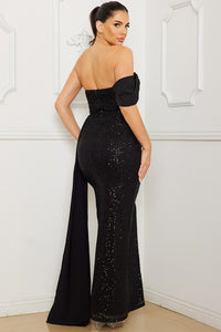 Black Sequin And Satin Off The Shoulder Maxi Dress