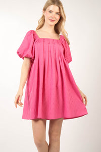 Hot Pink Puff Sleeve Pleated Spring Mini Dress Aquarius Brand Hot Pink Puff Sleeve Pleated Spring Mini Dress Aquarius Brand