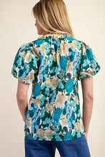 Blue Mix Vibrant Floral Print Split Neckline Blouse