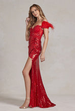 Red One-Shoulder Sequin Slit Long Evening Dress