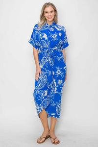 Royal Blue Paisley Tie Front Pleated Shirt Dress