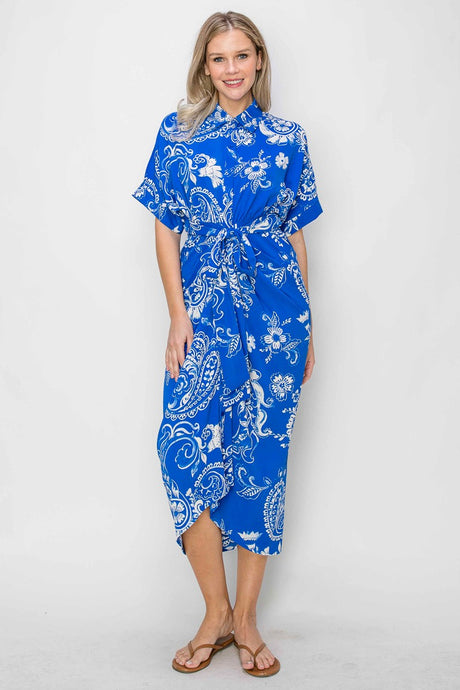 Royal Blue Paisley Tie Front Pleated Shirt Dress