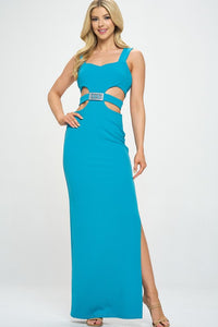 Teal Thick Strap Waist Cut Out Detail Long Dress