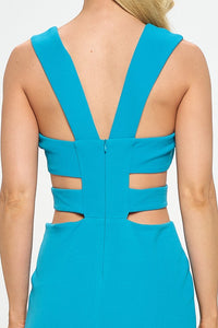 Teal Thick Strap Waist Cut Out Detail Long Dress