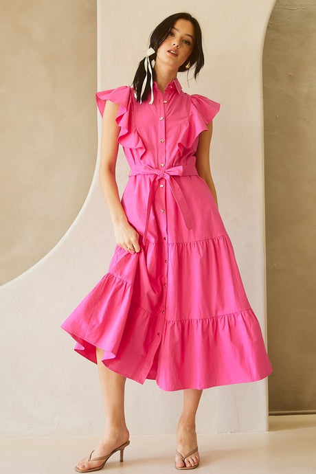 Fuchsia Ruffle Button-down Poplin Midi Dress