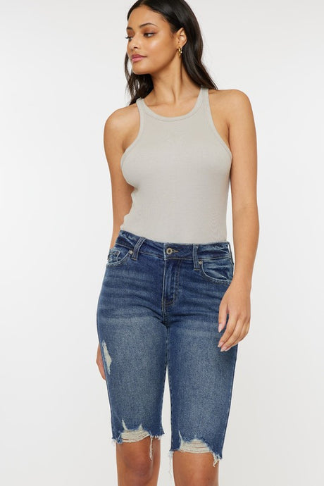 Dark Open Pack Mid Rise Distressed Hem Detail Bermuda