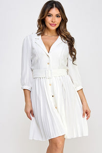 Off White Flash 3/4 Sleeve Button Down Pleated Dress