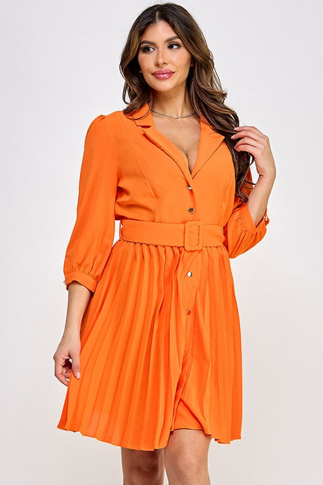 Orange Flash 3/4 Sleeve Button Down Pleated Dress