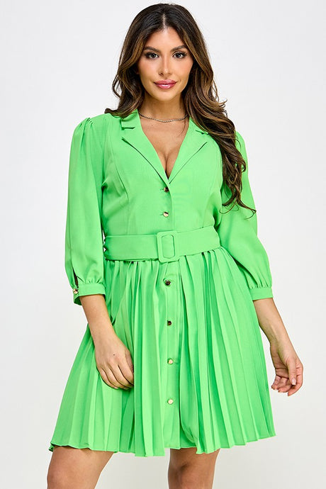 Green Flash 3/4 Sleeve Button Down Pleated Dress