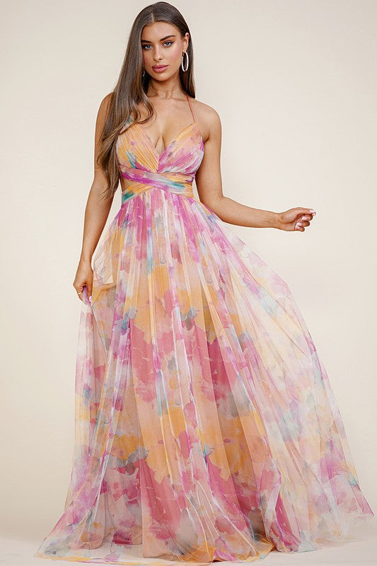 Orange Multi Lace Up Back Tie Dye Maxi Dress