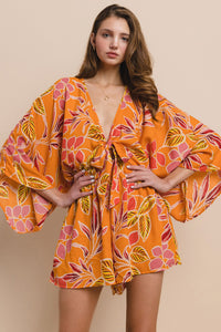 Orange Batwing Sleeved Boho Paisley Print Romper