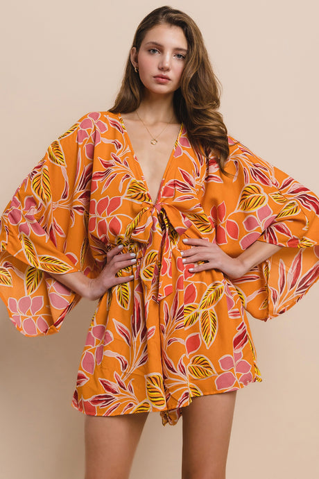 Orange Batwing Sleeved Boho Paisley Print Romper